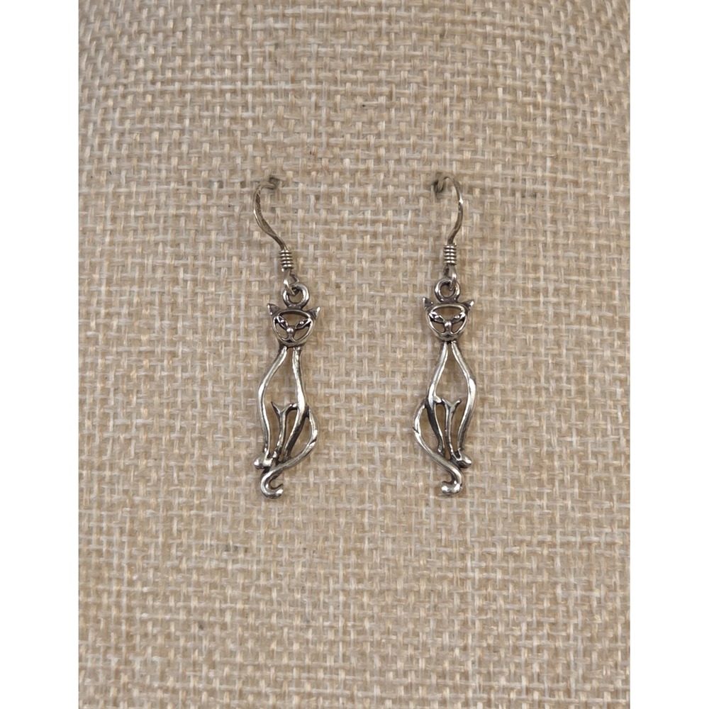 Vintage Suvani Sterling Silver Tall Cat Dangle Earrings